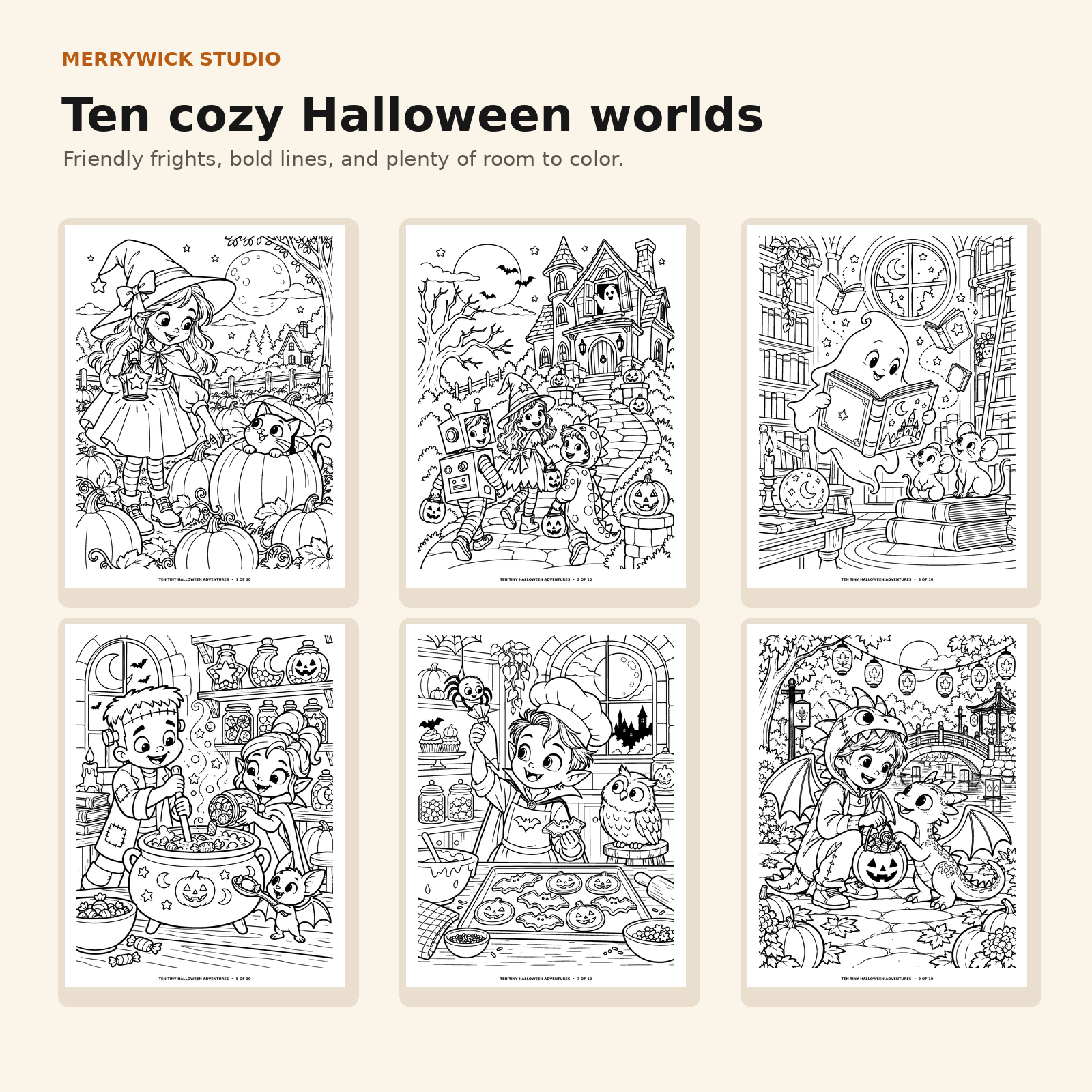 Six scenes from the Halloween coloring book