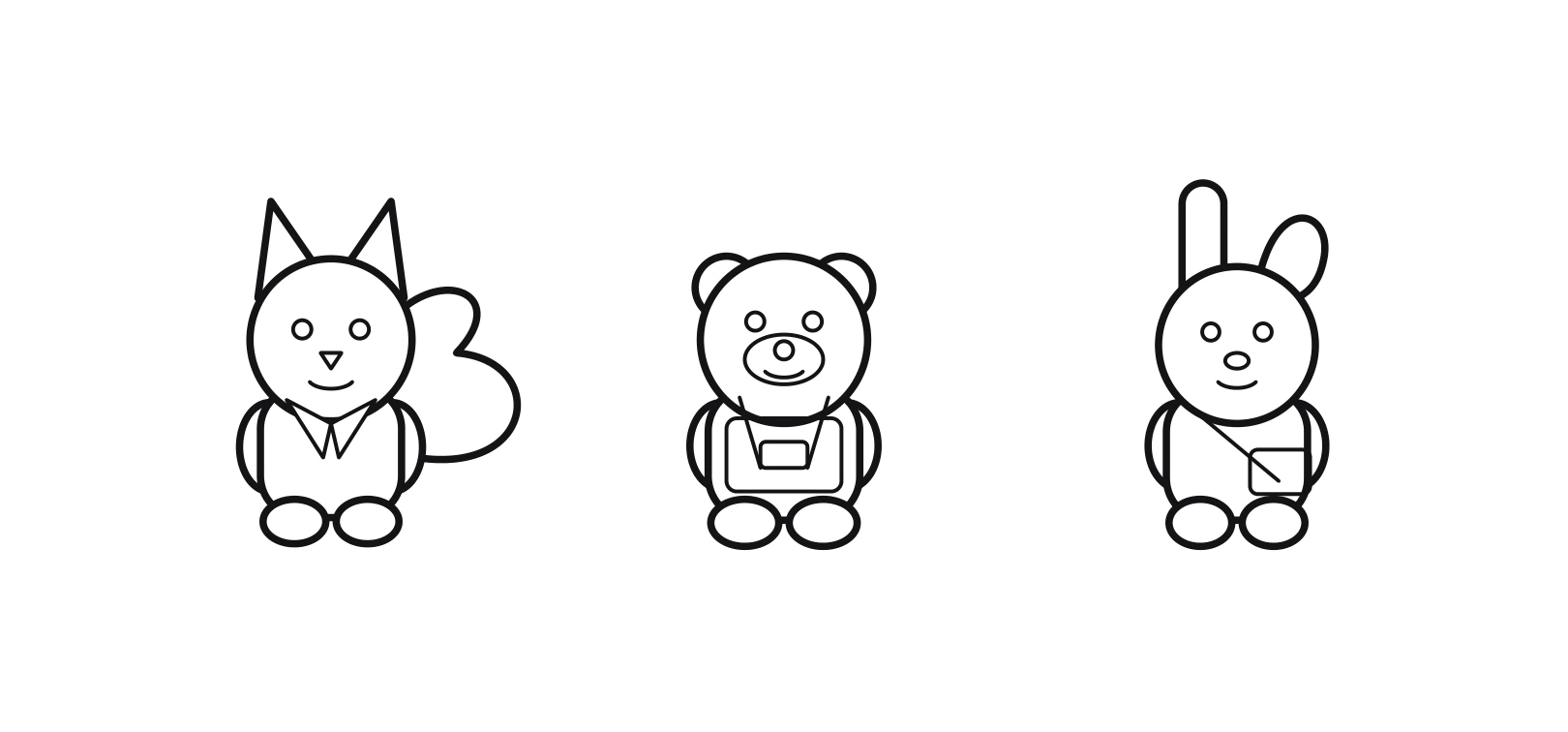 Pip the fox, Moss the bear, and Junie the rabbit