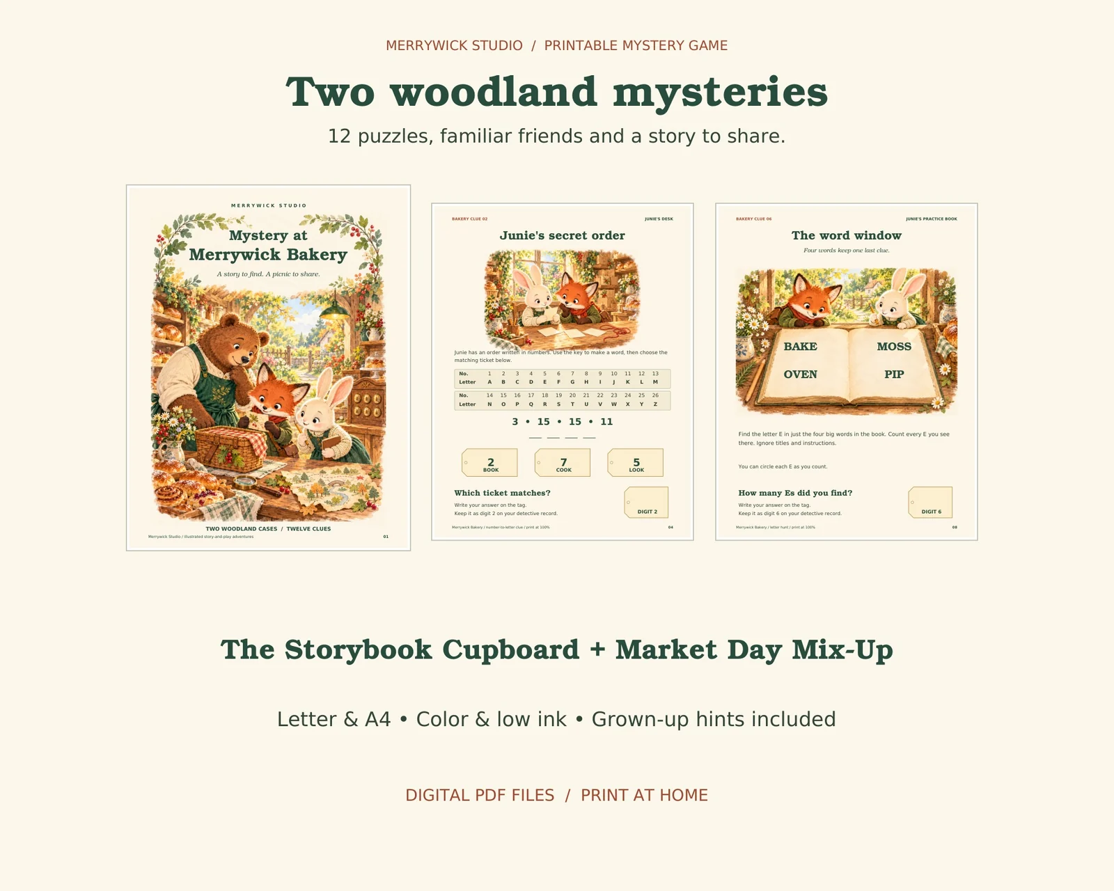 Preview of the illustrated Mystery at Merrywick Bakery cover and puzzle pages