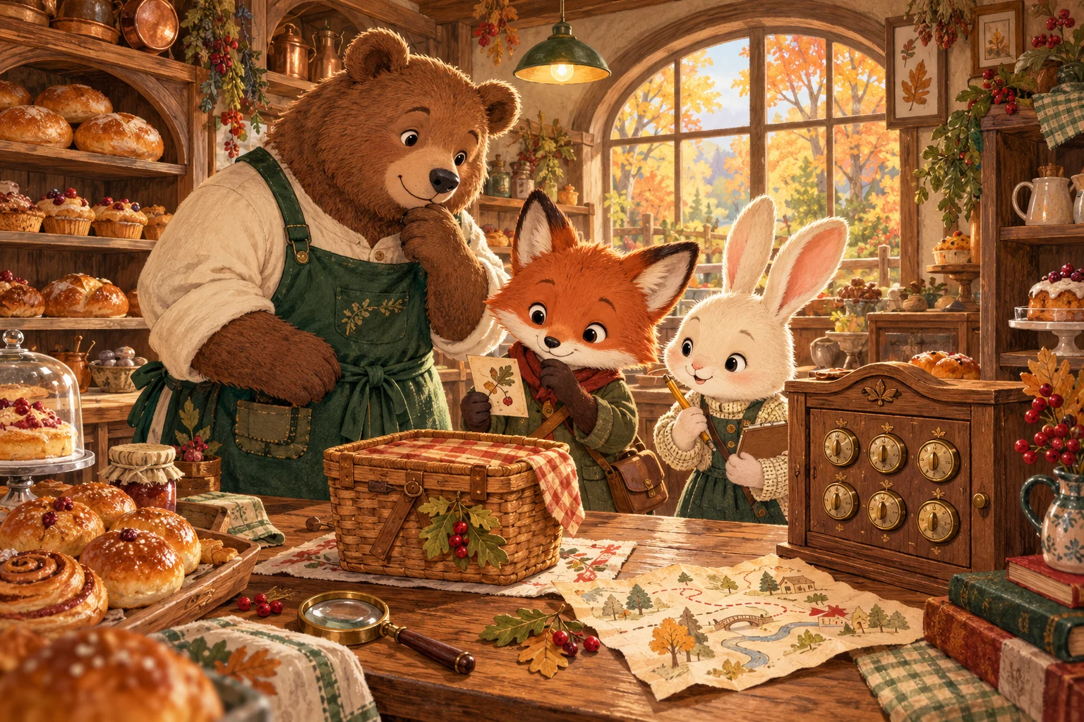 Moss the bear, Pip the fox and Junie the rabbit gathered around the counter of their woodland bakery