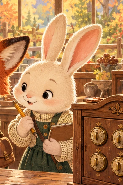 Junie, a cream rabbit holding her notebook and pencil