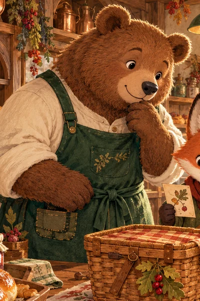 Moss, a brown bear in a green botanical apron