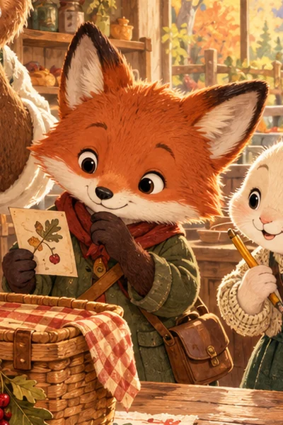 Pip, a russet fox in an olive coat and rust scarf